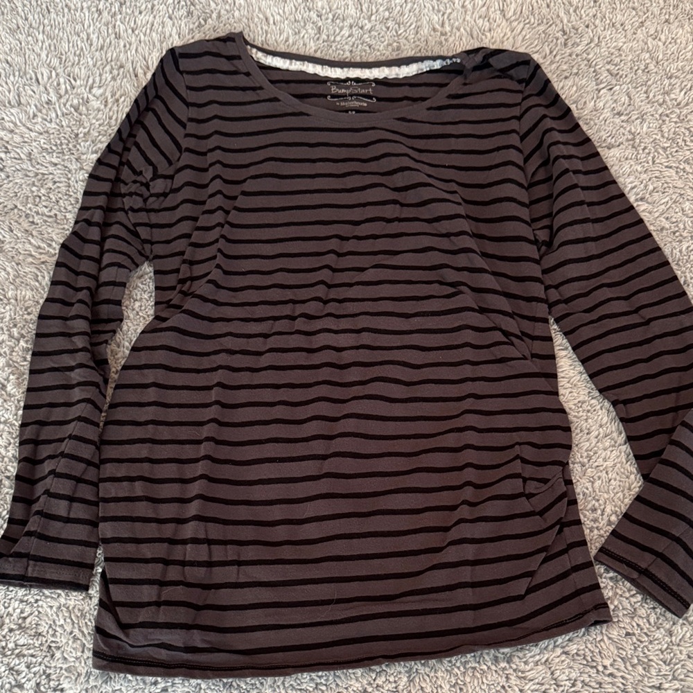 Motherhood Maternity Charcoal Gray and Black Striped Long Sleeve Scoop Neck Top